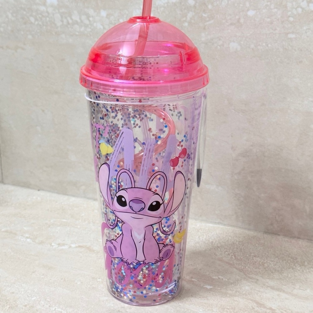 Disney Lilo & Stitch Angel Glitter Tumbler with Curly Straw 20.3oz *Primark*-NEW